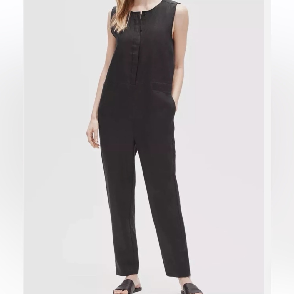Eileen Fisher Organic Linen Round Neck One-Piece Jumpsuit Black Size M